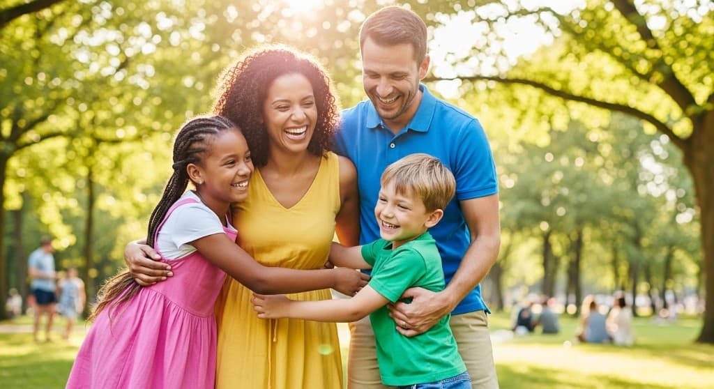 Family smiling together outdoors in a sunny park